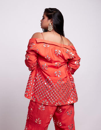 Coral Sunset 3 piece Indo-Western Blazer Foil Co-ord Set
