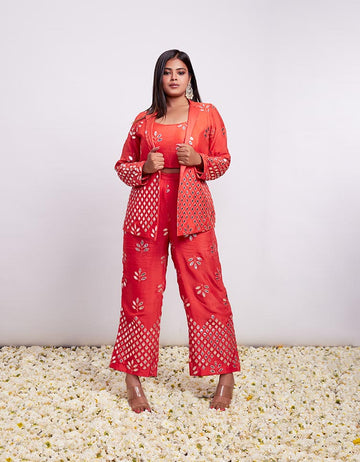 Coral Sunset 3 piece Indo-Western Blazer Foil Co-ord Set