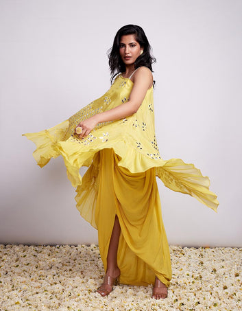 Drama Queen One Shoulder Foil Dress & Dhoti Skirt Set