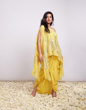 Drama Queen One Shoulder Foil Dress & Dhoti Skirt Set